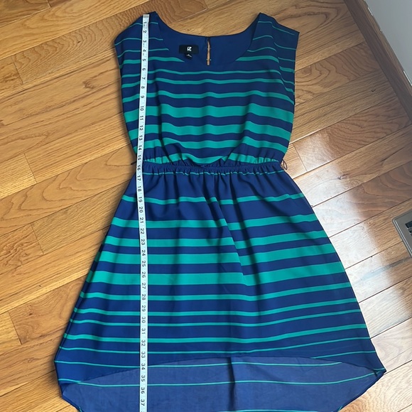 EUC! iZ Byer Blue Teal Hi-Low stripe dress with defined waist - Picture 10 of 12